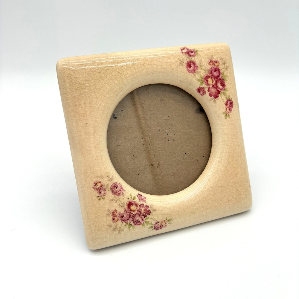 Vintage Floral Crackle Glaze Ceramic Picture Frame Shabby Chic Cottagecore Decor